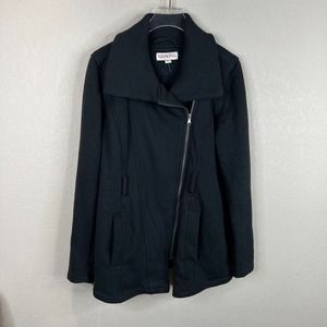 Merona Womens Jacket Size Small Black Asymmetrical Zip Knit Fleece Ribbed Collar